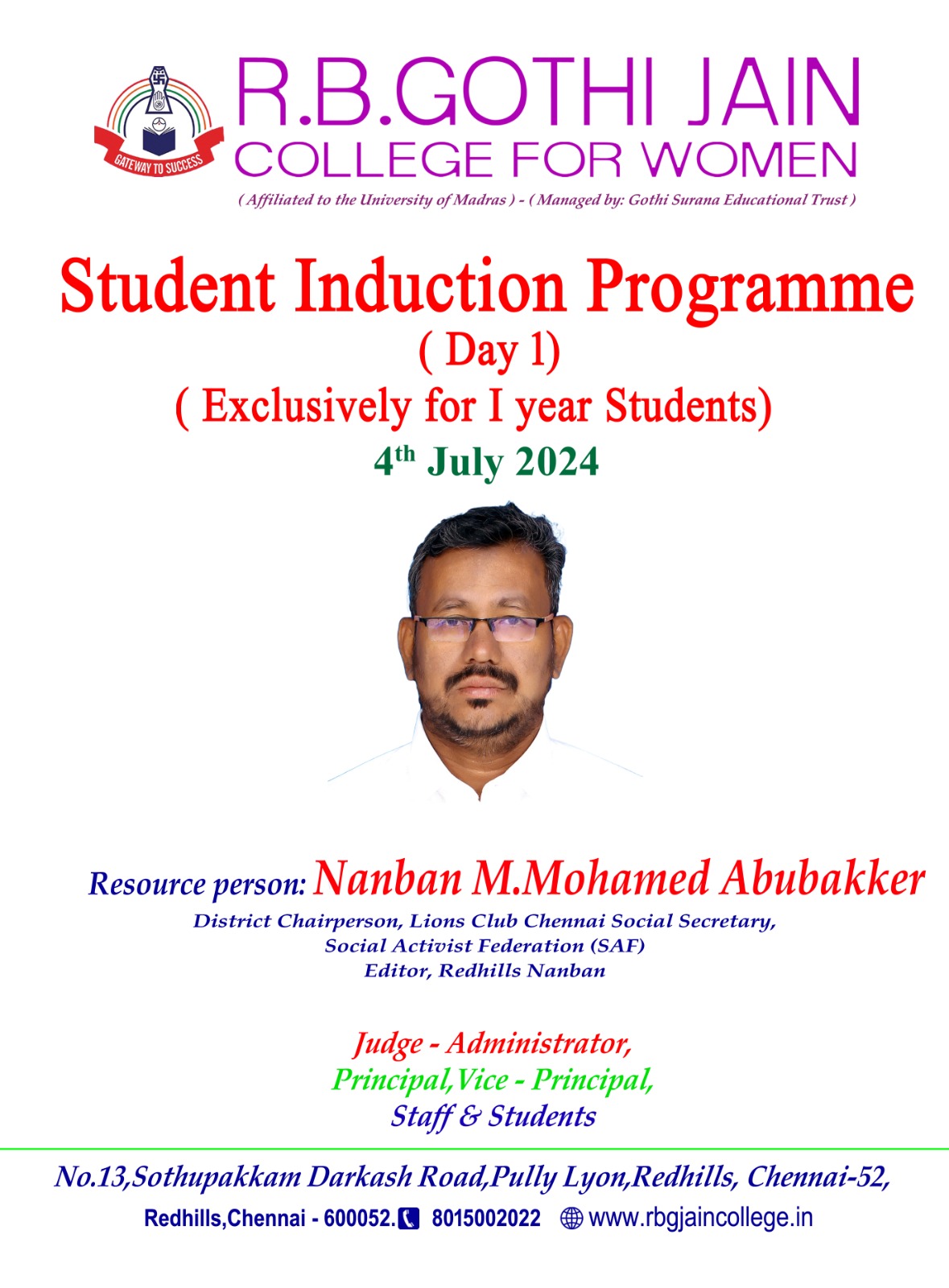 STUDENT INDUCTION PROGRAMME FOR FIRST YEAR - 2024